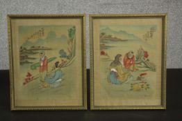 Two framed and glazed 19th century Chinese silk paintings of immortals and their students with