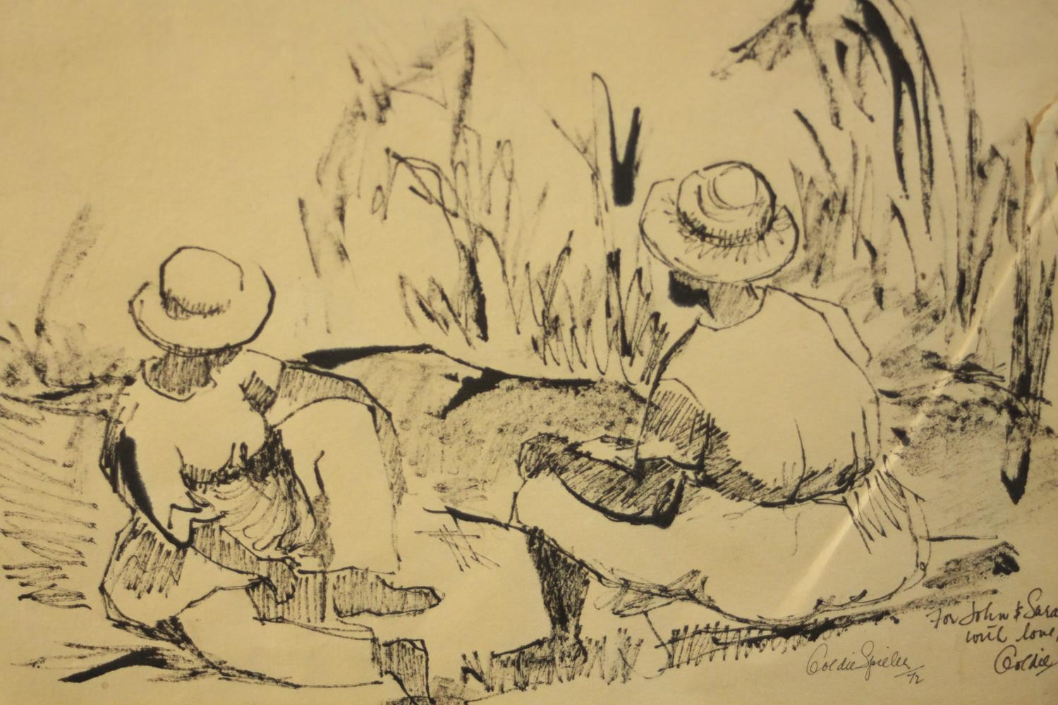 Goldie Spieler, pen and ink sketch of two seated figures, signed, dated and inscribed. H.50 W.