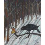 Wolf Howard, Crow and Butterfly, acrylic on canvas, monogrammed WH lower right, signed and titled
