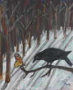 Wolf Howard, Crow and Butterfly, acrylic on canvas, monogrammed WH lower right, signed and titled