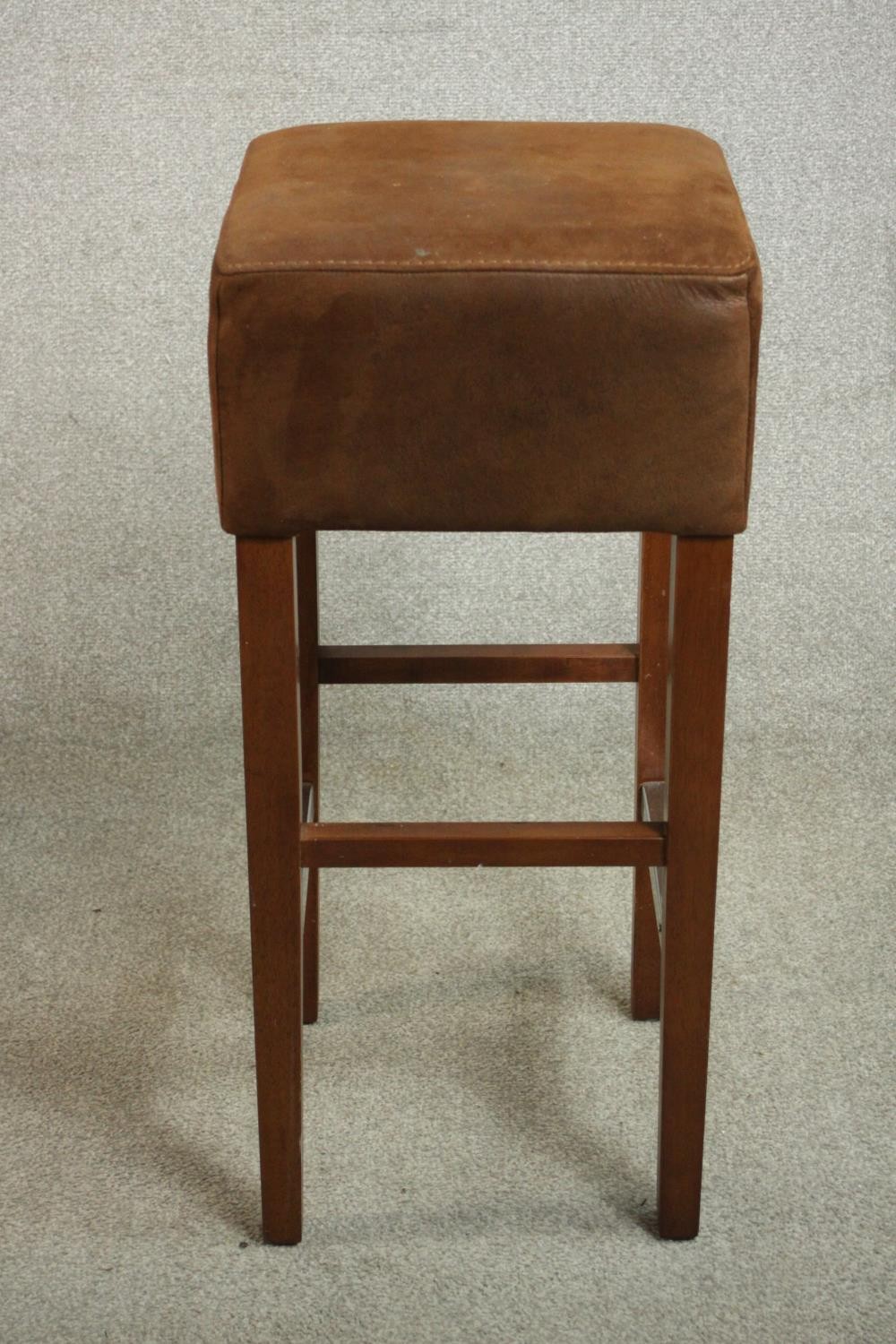 A set of three Andy Thornton contemporary bar stools, with brown suede upholstered seats, on - Image 5 of 8