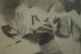 A mid-century framed and glazed abstract pencil drawing, signed Simonds, 66. H.50 W.63cm.
