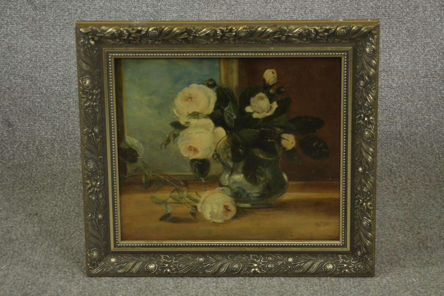 Late 19th century school, Still Life of White Roses, oil on panel. H.45 W.49cm. - Image 2 of 7