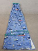 A single boat design fully lined curtain for a child's bedroom with tie backs. L.220 W.115cm