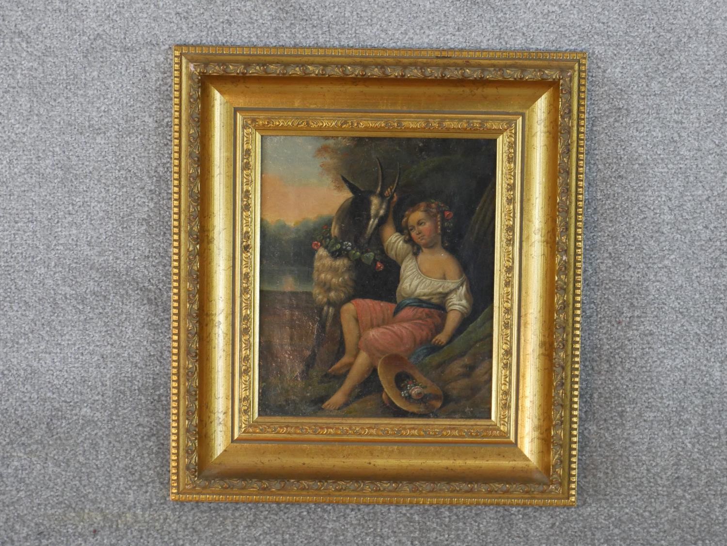 A gilt framed 19th century oil on canvas of a young child with a goat, unsigned. H.39 W.35.5cm - Image 2 of 5