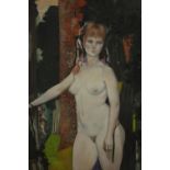 A large oil on board of a standing nude female standing in front of a tower, verso 'Portal