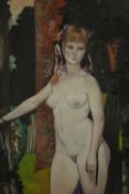 A large oil on board of a standing nude female standing in front of a tower, verso 'Portal