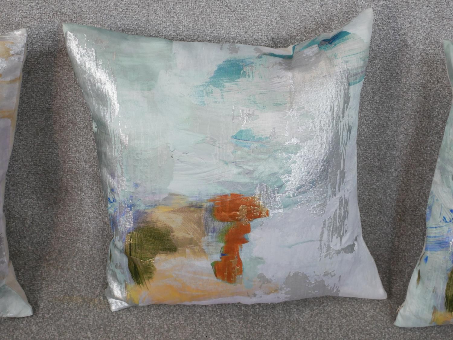 Three contemporary silk/cotton mix abstract colourful design cushions. H.50 W.50cm - Image 3 of 5
