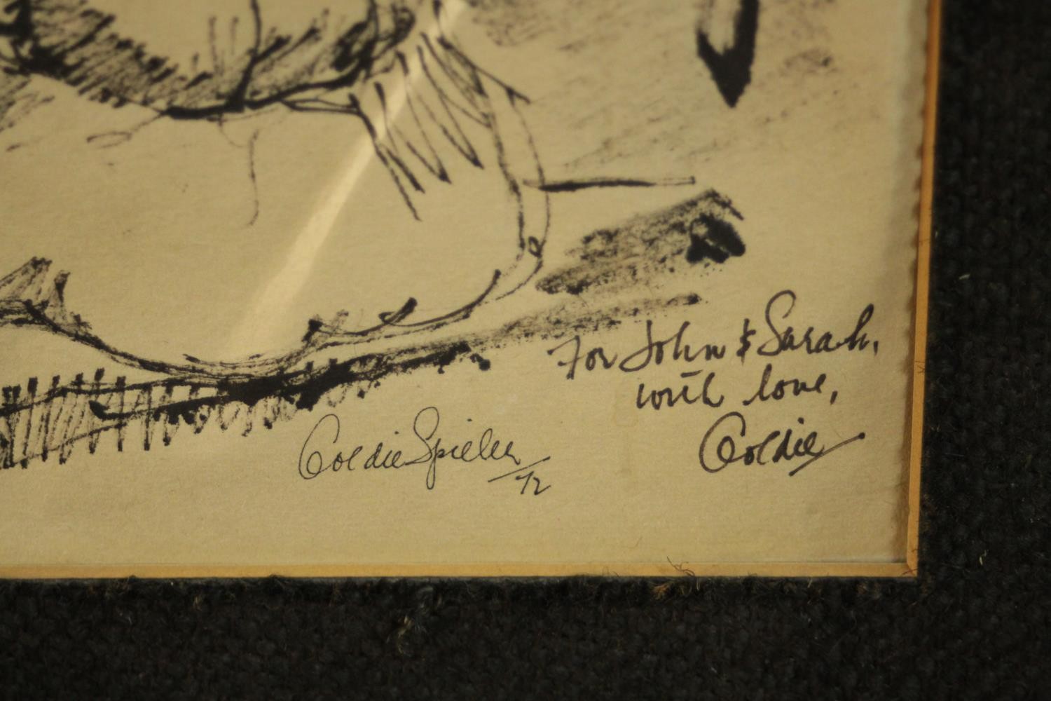 Goldie Spieler, pen and ink sketch of two seated figures, signed, dated and inscribed. H.50 W. - Image 3 of 4