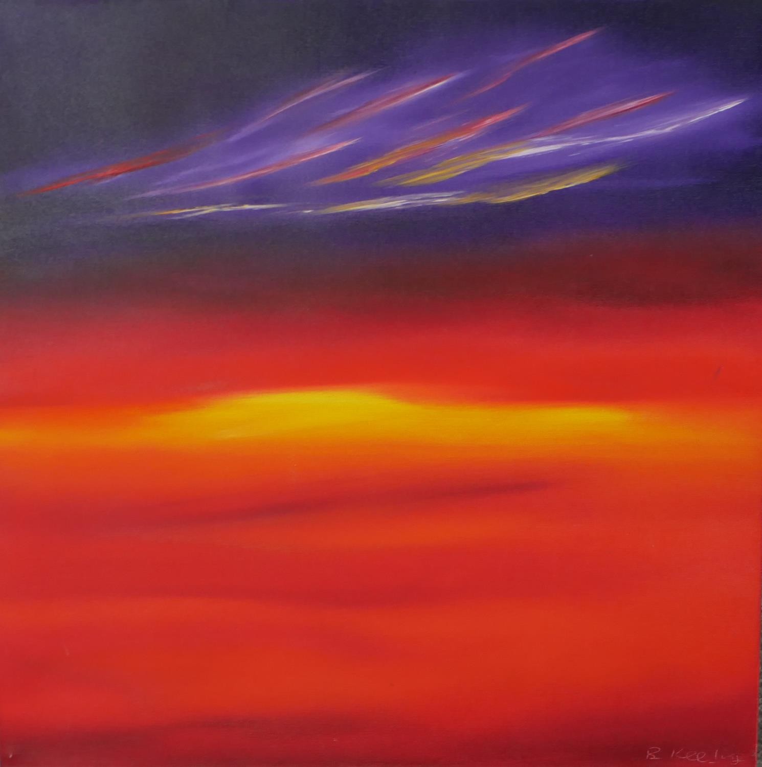 B Keeling (Contemporary), three sunsets, acrylic on box canvas, signed. H.51 W.51cm - Image 3 of 8