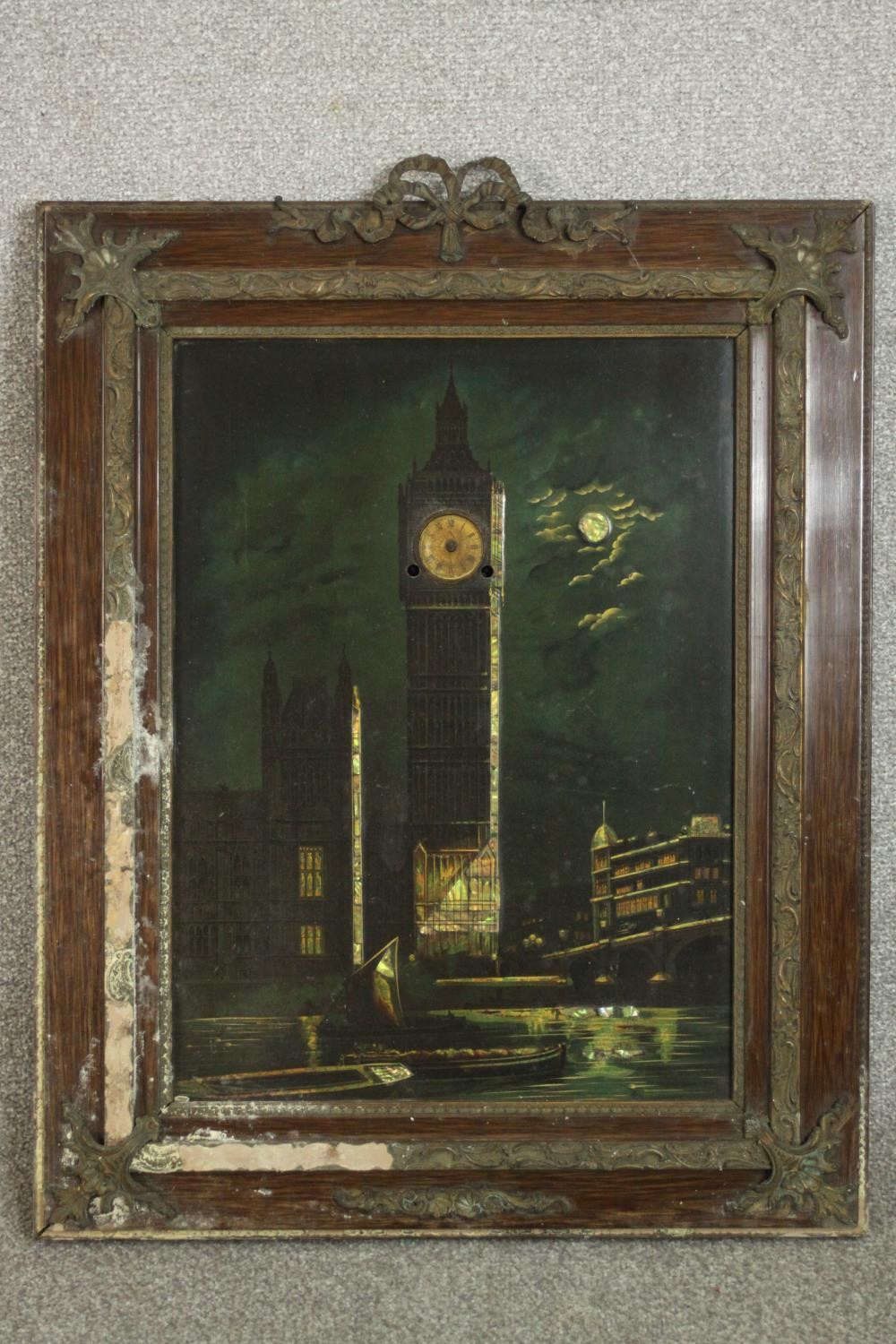 A Victorian mystery picture clock, the movement hidden behind a mother of pearl inlaid painting