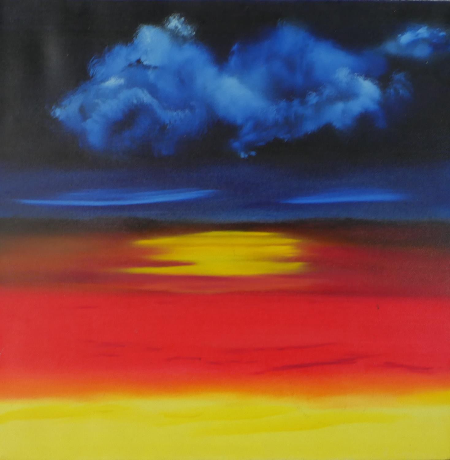 B Keeling (Contemporary), three sunsets, acrylic on box canvas, signed. H.51 W.51cm - Image 5 of 8