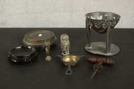 A collection of metal ware and other items, including a Liberty Tudric Archibald Knox pewter bowl