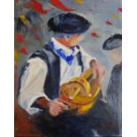 A framed oil on canvas of a seated man with basket on his lap, signed Diego. Info verso. H.51 W.41cm