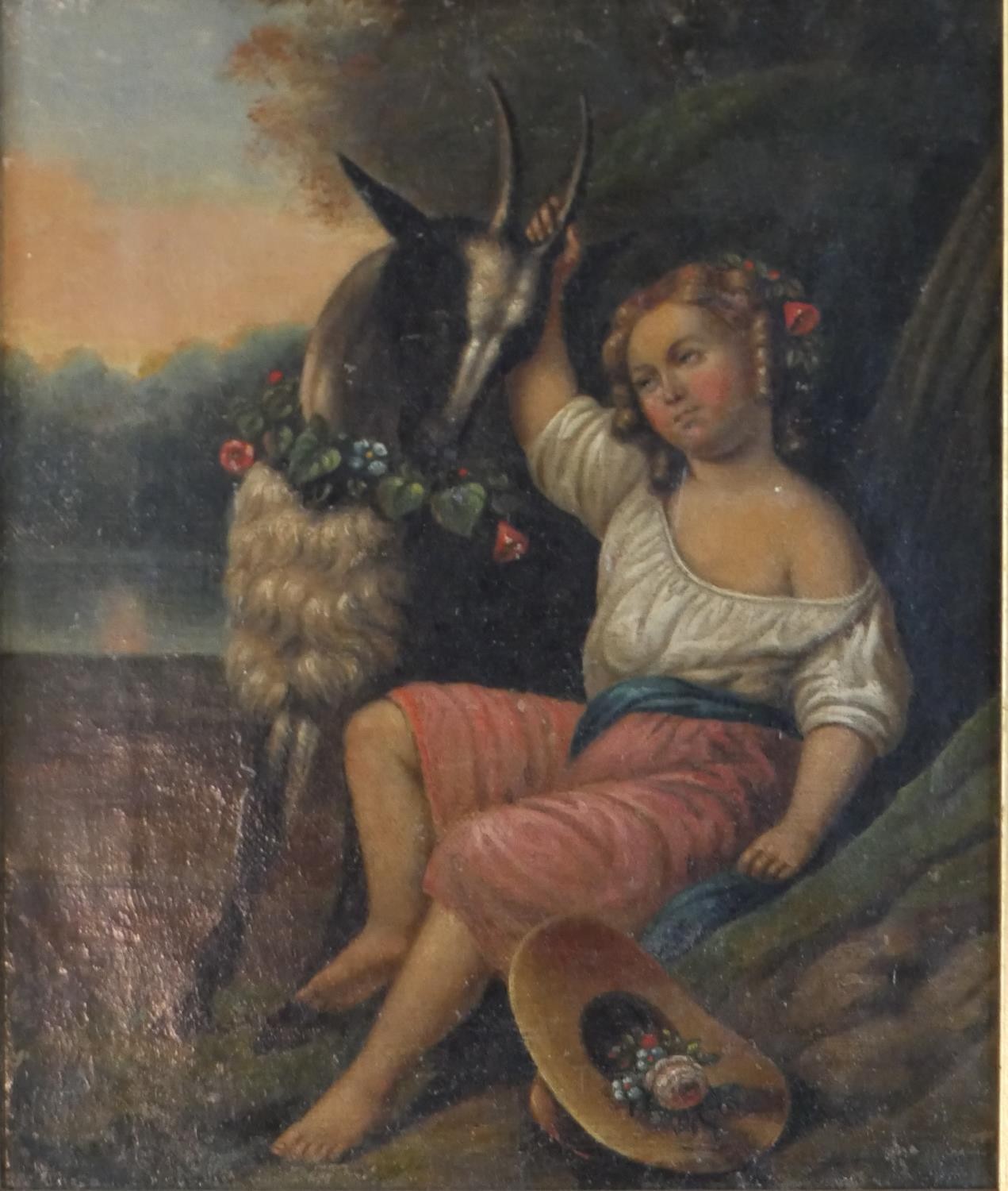 A gilt framed 19th century oil on canvas of a young child with a goat, unsigned. H.39 W.35.5cm