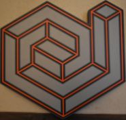 Painted 3D wood relief; Space Double Up. 44cm x 42cm.