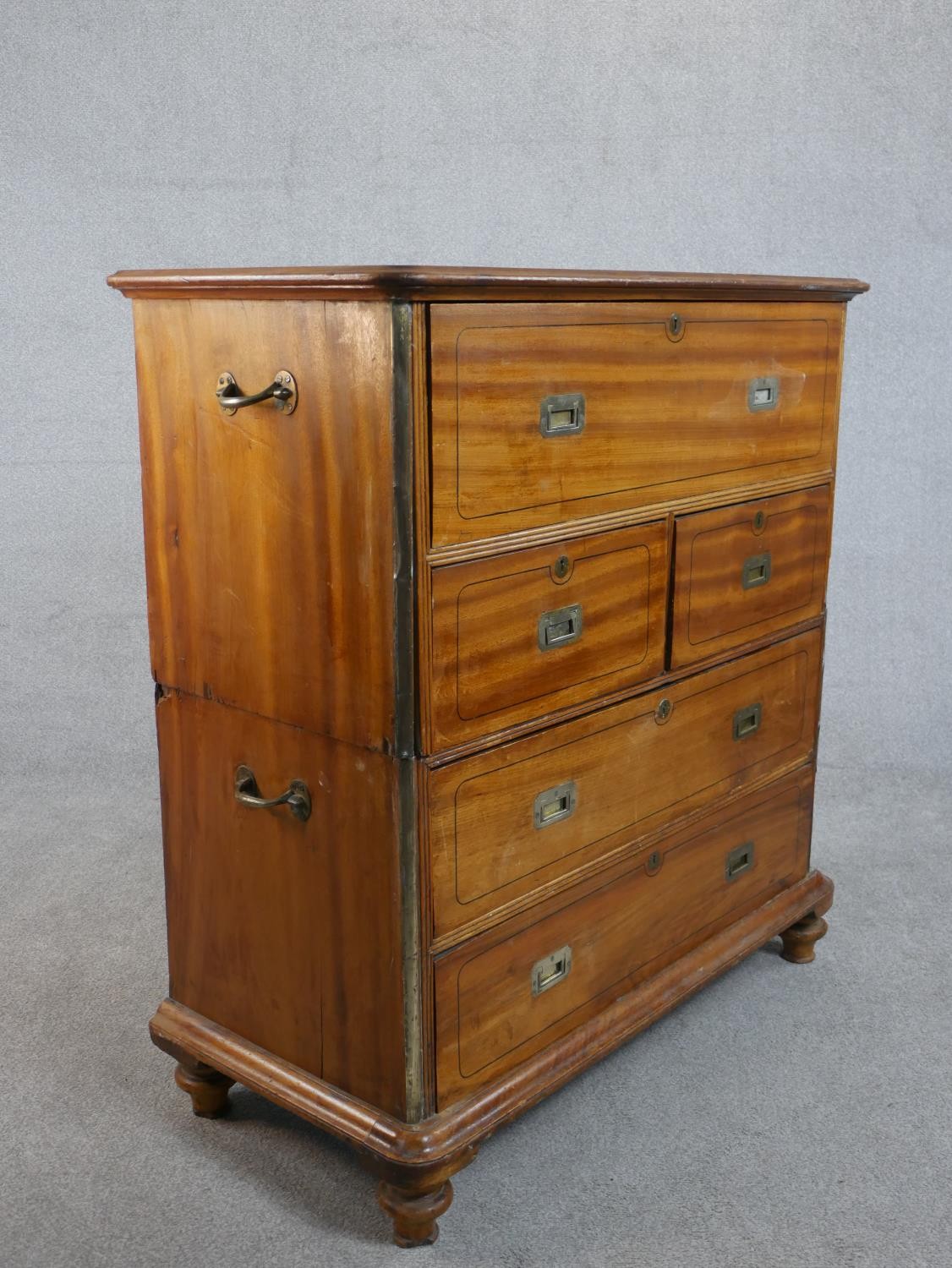 A 19th century camphorwood secretaire campaign chest, in two sections, with a secretaire drawer - Image 9 of 9