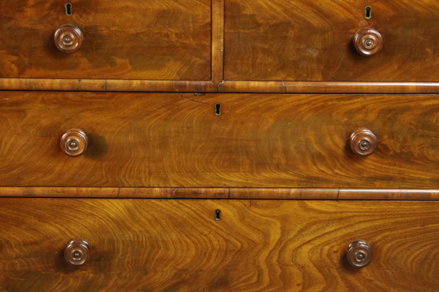 A 19th century flame mahogany chest of two short over three long drawers with knob handles, on - Image 3 of 8