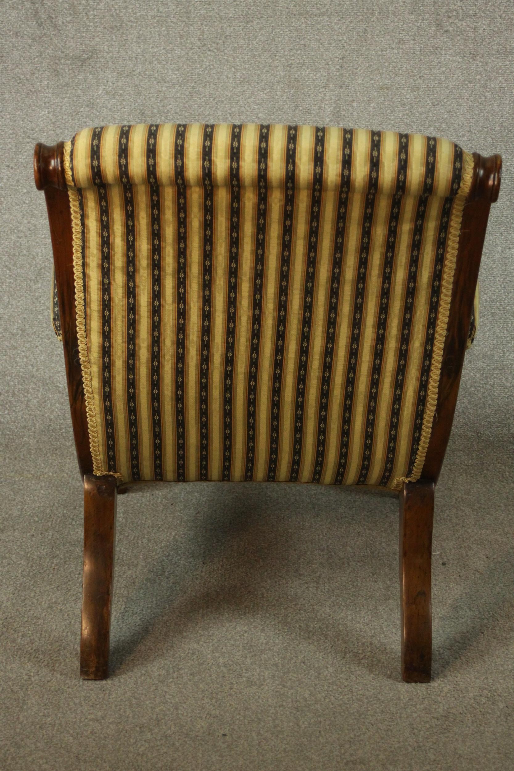 Two similar Victorian walnut slipper chairs, with striped upholstery, one with open arms, on - Image 7 of 21