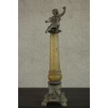 An early 20th century carved alabaster and spelter table thermometer in the form of a classical