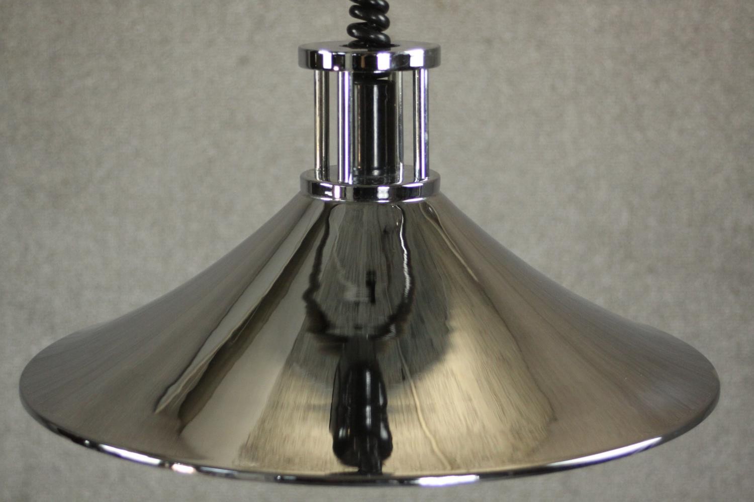 A polished chrome conical ceiling lamp with extendable coiled cable. H.90 Dia.37cm. - Image 3 of 6