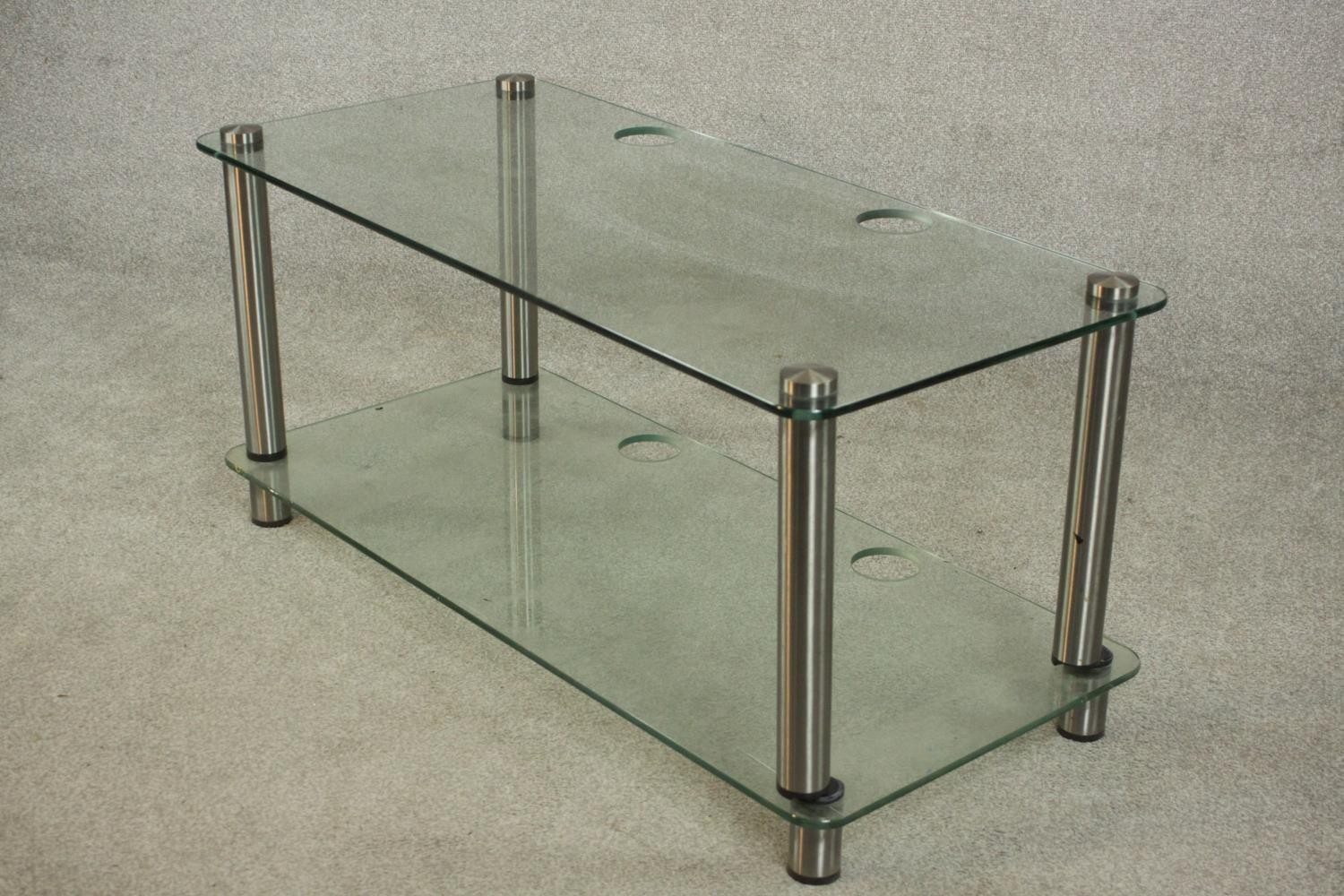 Two contemporary home entertainment stands, plate glass with rounded corners on cylindrical metal - Image 7 of 15