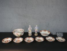 A collection of ceramics and glass, including a pair of hand painted porcelain figures makers mark