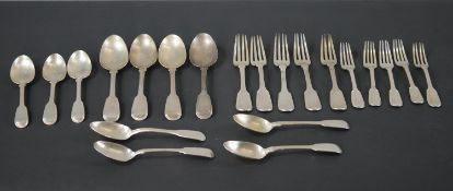 A collection of 21 pieces of Victorian silver cutlery, including four serving spoons, seven small