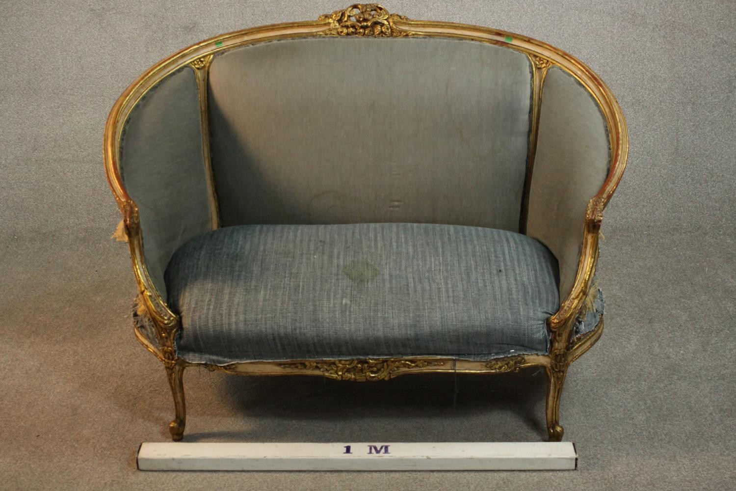 A Louis XV style giltwood canape sofa, with carved cresting and upholstered in blue fabric, with - Image 2 of 7