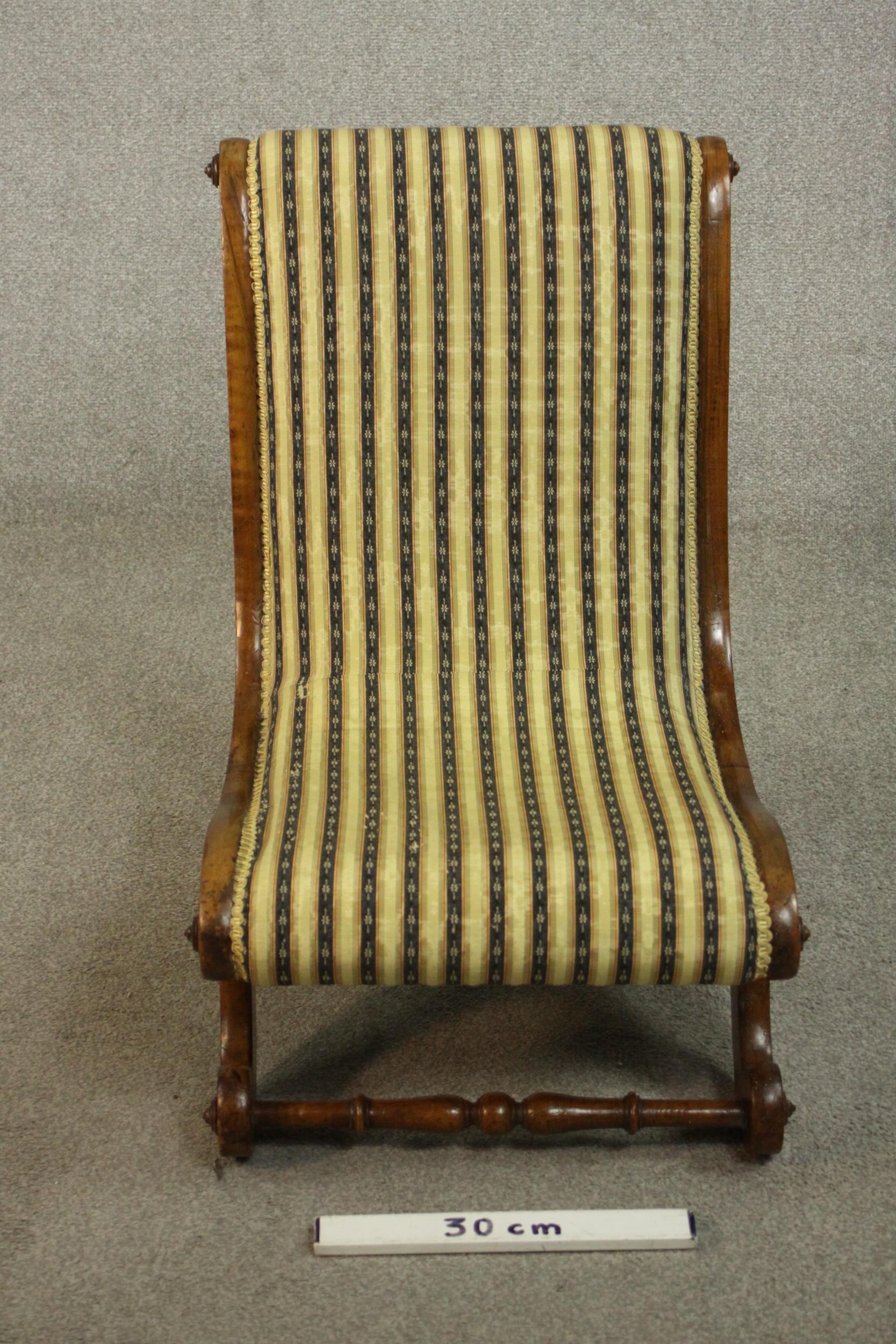 Two similar Victorian walnut slipper chairs, with striped upholstery, one with open arms, on - Image 10 of 21