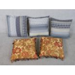 Three Margo Selby grey,white and black geometric design cushions along with a pair of Paoletti