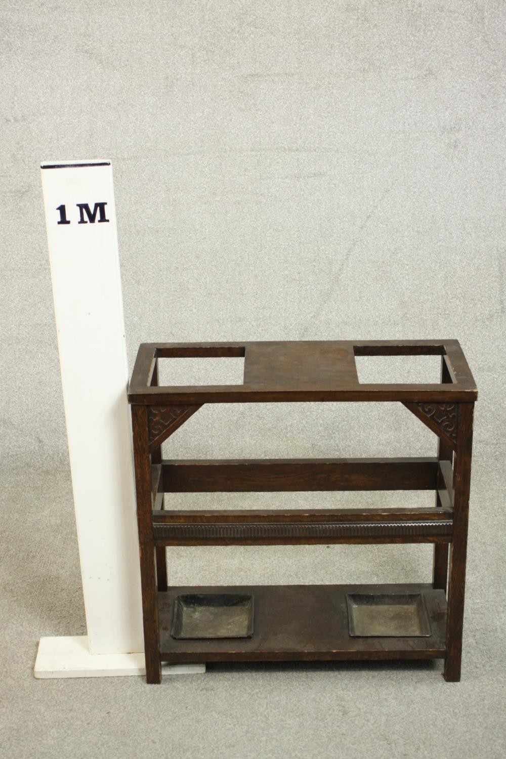 A Victorian oak umbrella stand, of rectangular form with two square openings for umbrellas and two - Image 2 of 5