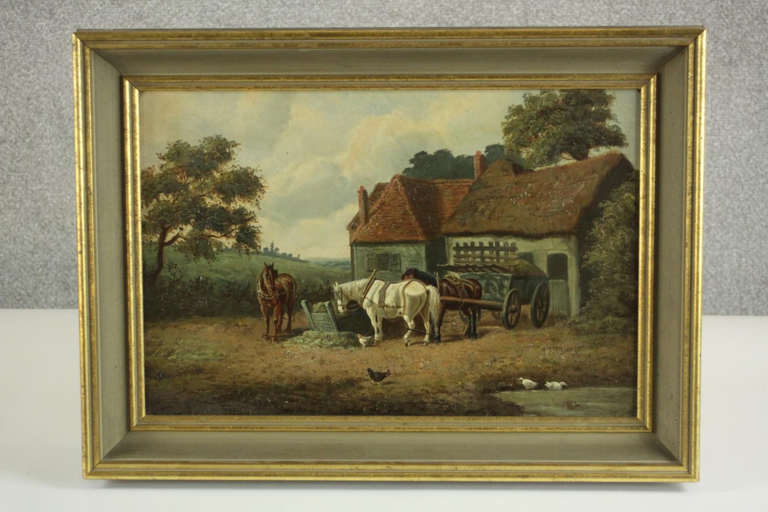 A framed 19th century oil on canvas of cart horses with cart and ducks in front of a farmhouse, - Image 2 of 7
