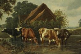 A gilt framed 19th century oil on canvas, cattle drinking in a river with farm building in the