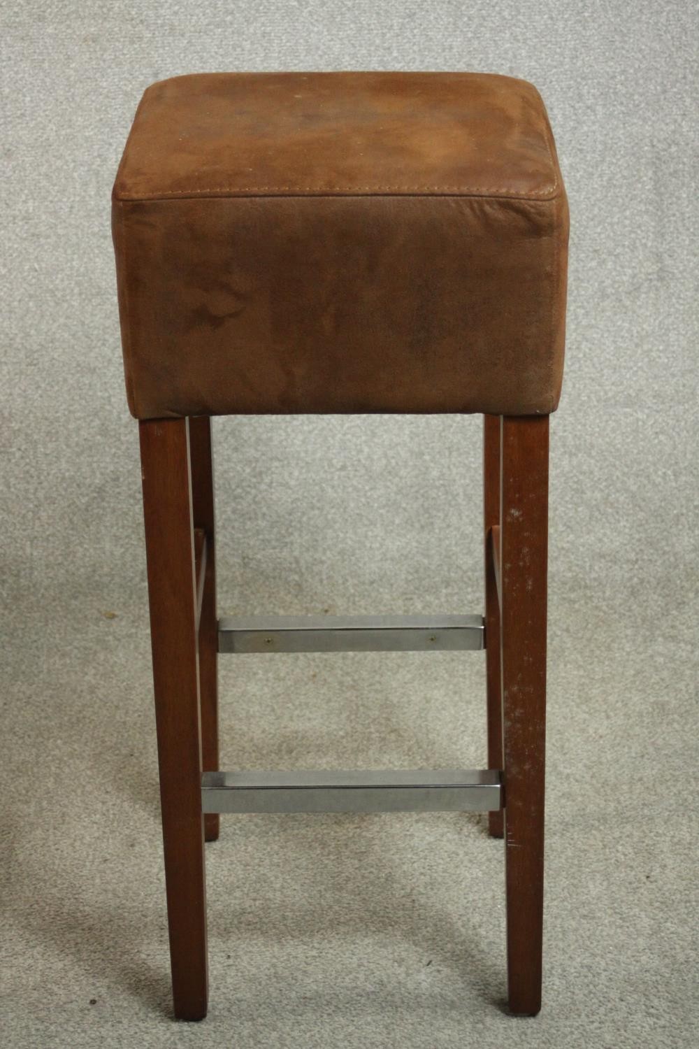 A set of three Andy Thornton contemporary bar stools, with brown suede upholstered seats, on - Image 3 of 8