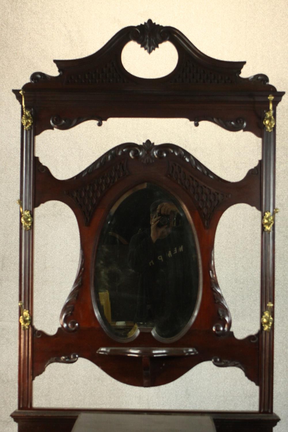 A late Victorian Chippendale style walnut hall stand, the scrolling pediment with blind fretwork - Image 6 of 11