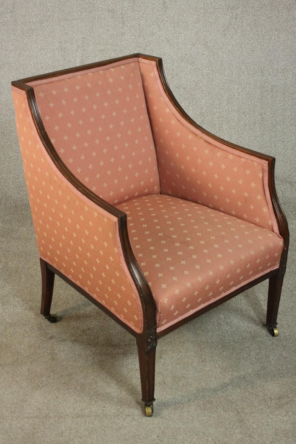 An Edwardian Adam style mahogany armchair upholstered in pink fabric, on square section tapering - Image 2 of 5