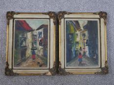 Two framed oils on board of street scenes with figures, unsigned. H.27 W.21cm