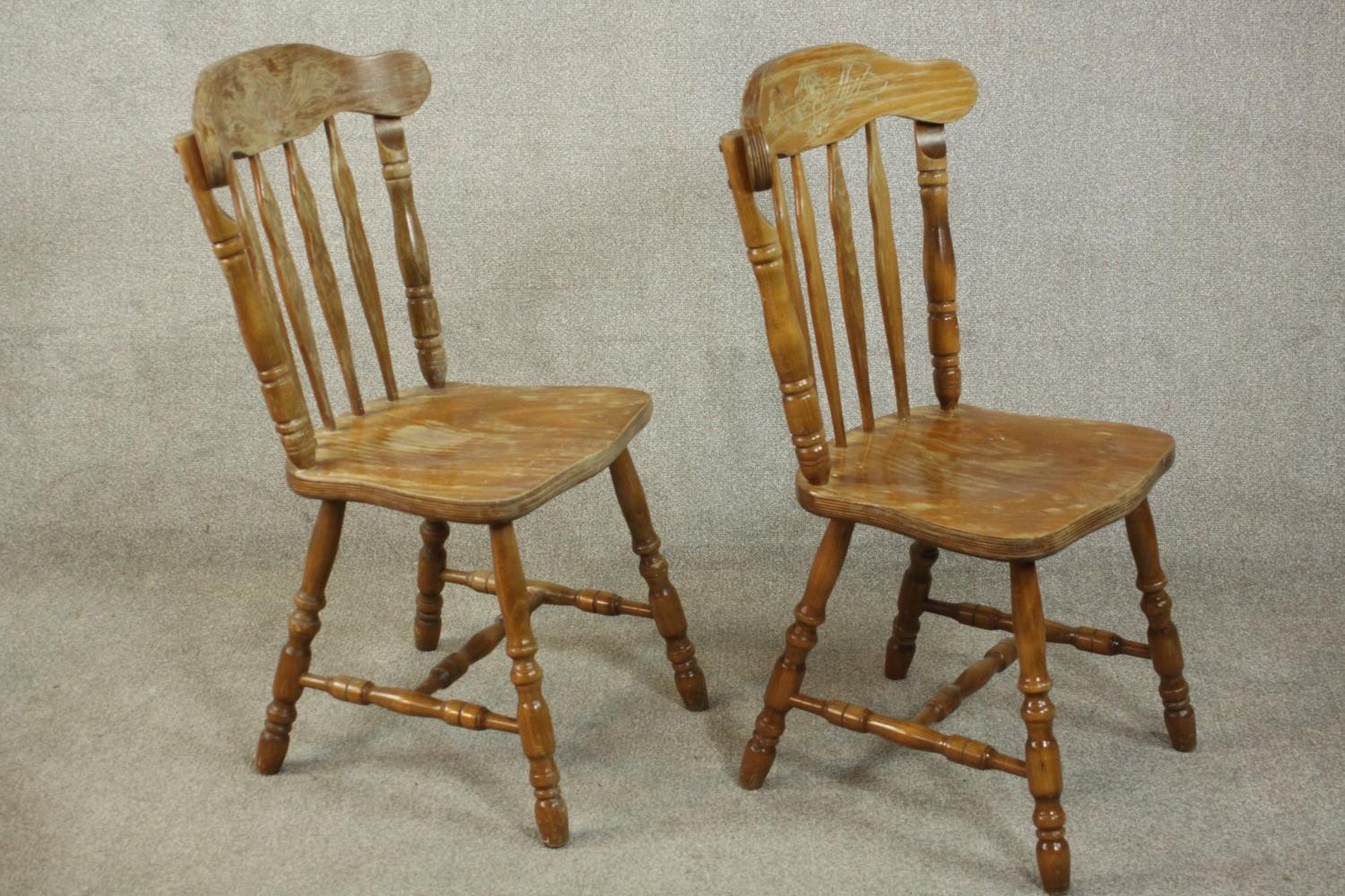 A pair of continental Windsor style plywood and pine kitchen chairs, with carved bar backs, shaped - Image 2 of 7