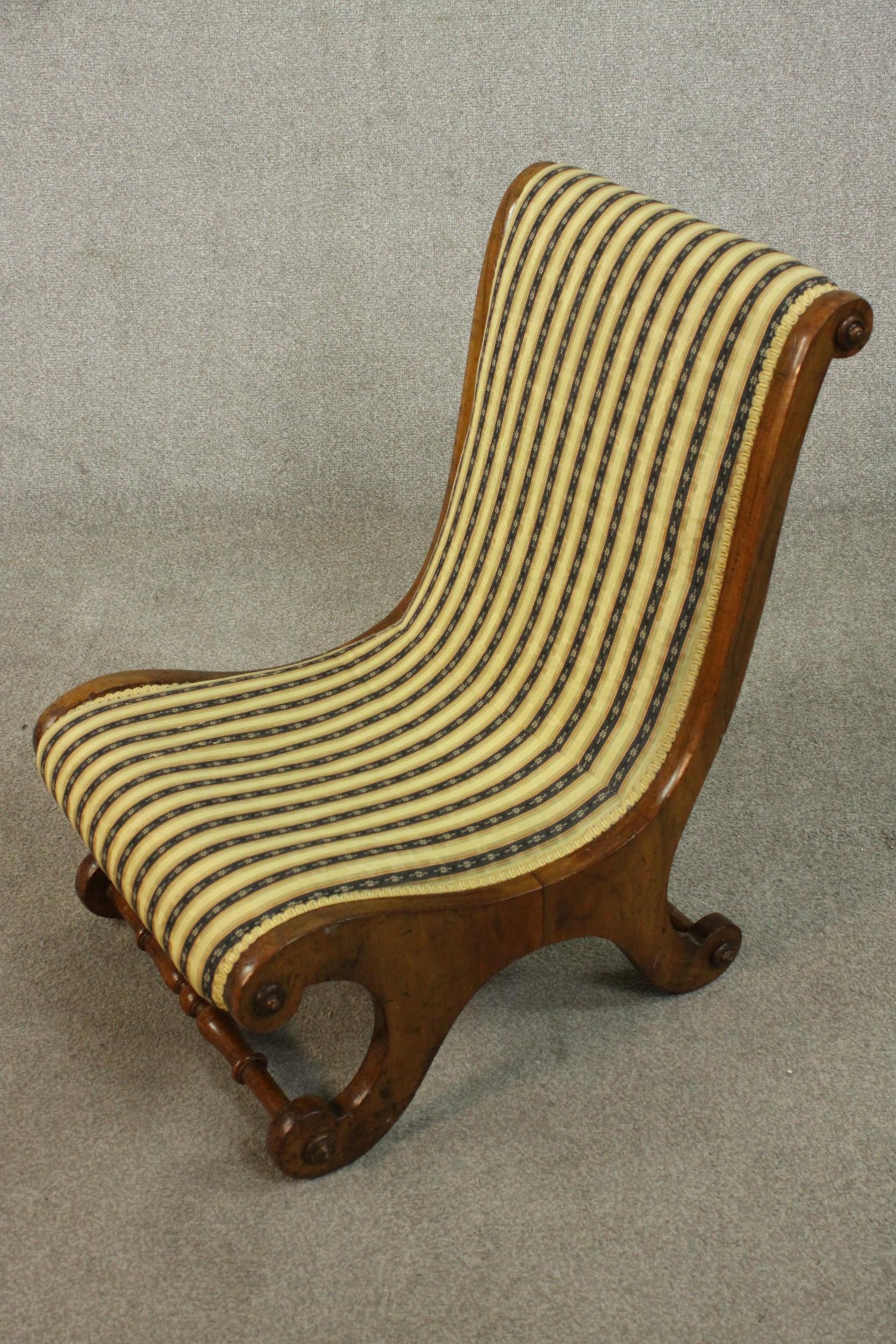 Two similar Victorian walnut slipper chairs, with striped upholstery, one with open arms, on - Image 11 of 21