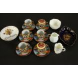 A set of six Samurai porcelain coffee cups and saucers, a Limoges gilded blue ceramic trinket dish