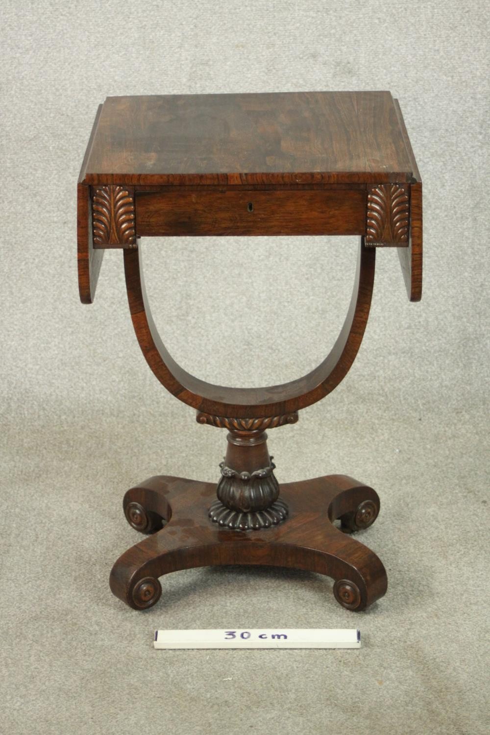 A William IV rosewood drop leaf work table, with a single drawer flanked by applied palm leaves, - Image 2 of 11
