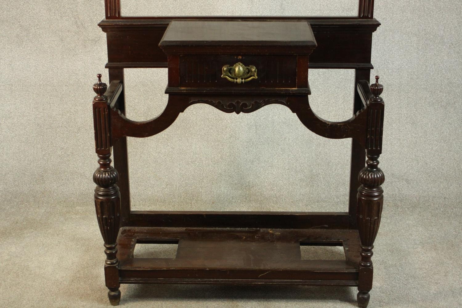 A late Victorian Chippendale style walnut hall stand, the scrolling pediment with blind fretwork - Image 5 of 11