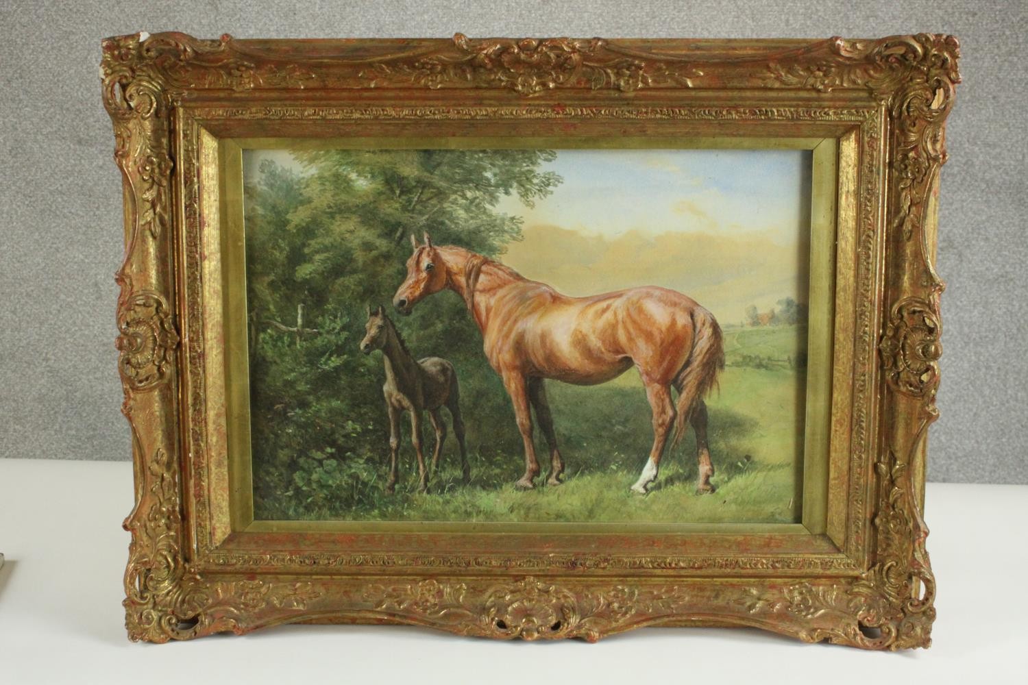 A gilt framed 19th century watercolour of a mare and foal, unsigned. H.58 W.78cm. - Image 2 of 7