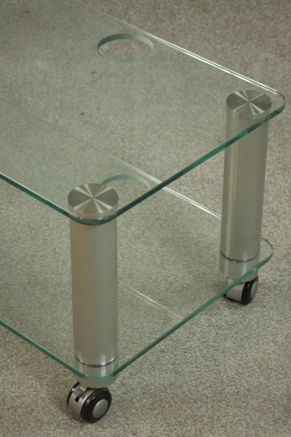 Two contemporary home entertainment stands, plate glass with rounded corners on cylindrical metal - Image 13 of 15