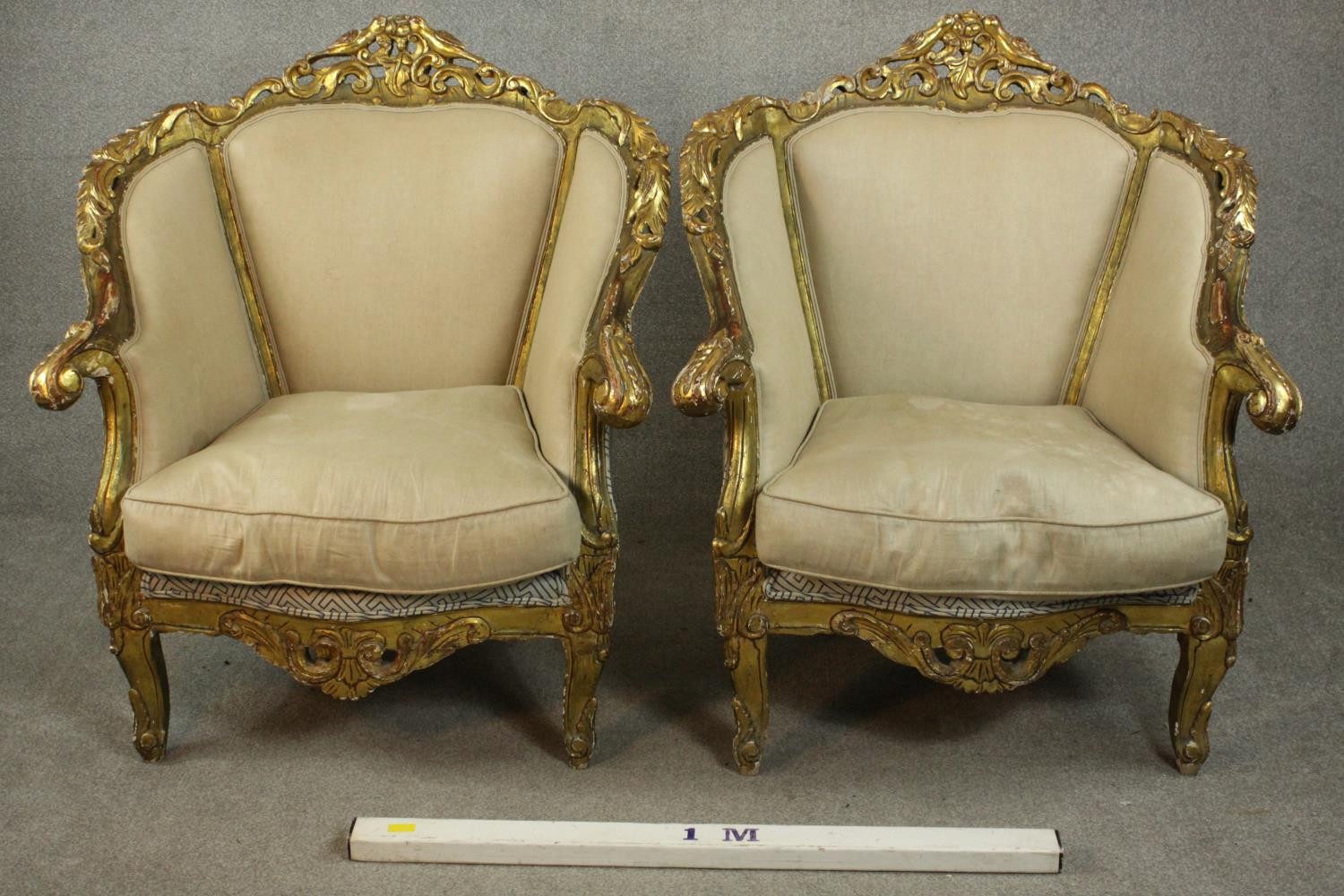 A pair of Louis XV style carved giltwood armchairs, 20th century, upholstered in beige fabric, - Image 2 of 10