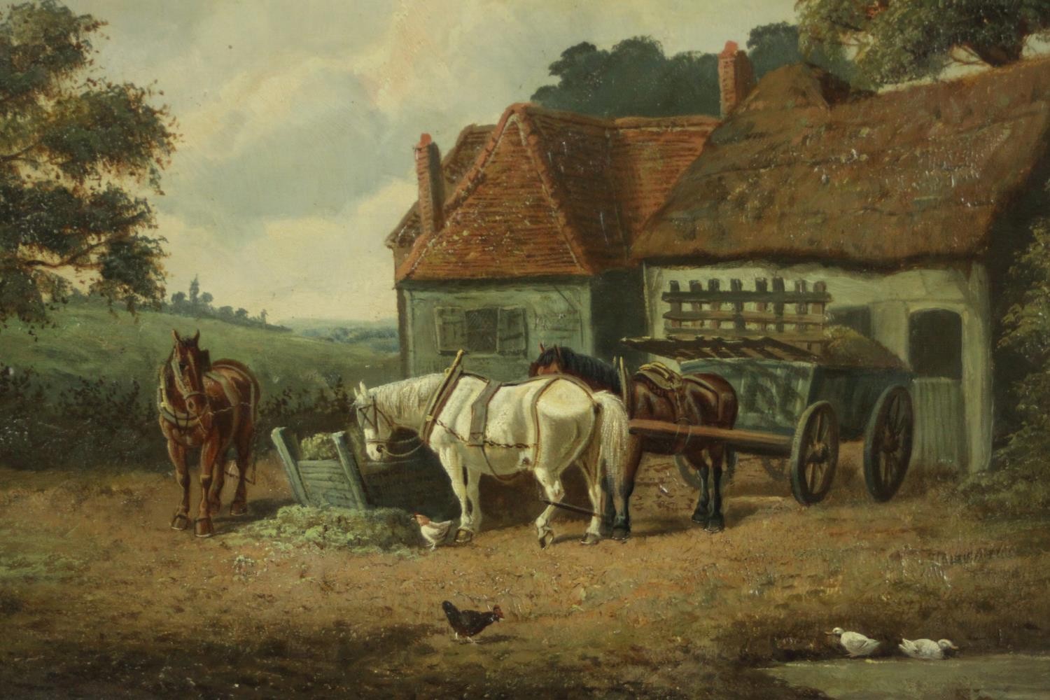 A framed 19th century oil on canvas of cart horses with cart and ducks in front of a farmhouse,