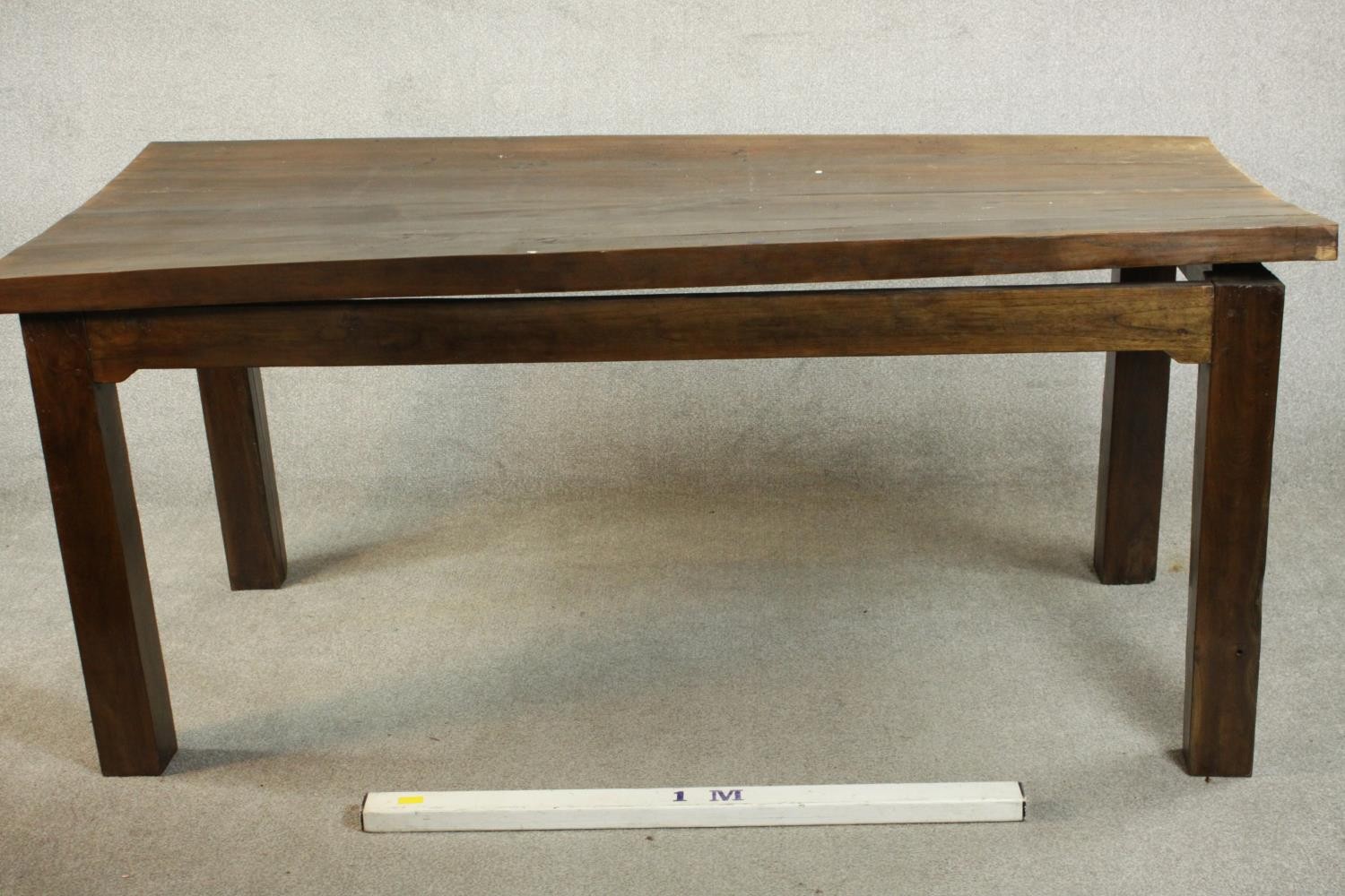 A contemporary hardwood dining table, with a rectangular plank top on square section legs. (badly - Image 2 of 9