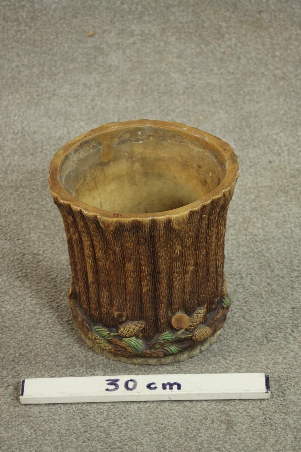 A Victorian majolica jardiniere in the form of a tree trunk with pine cones around the base. H.24 - Image 2 of 4