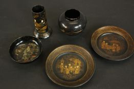 A collection of early Japanese lacquer ware, including a pen pot, a vase, trinket dish and two